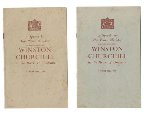 CHURCHILL (WINSTON)A Speech by The Prime Minister The Right Honourable Winston Churchill in the House of Commons August 20th,