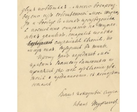 TURGENEV (IVAN)Autograph letter in Russian signed ('Ivan Turgenev'), to his English translator Sidney Jerrold, replying to hi