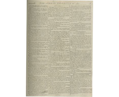 CRICKETThe London Chronicle, vol. LXVI, no. 5119 [including the Laws of Cricket],  8 pages (pp.89-95), printed in 3 columns (