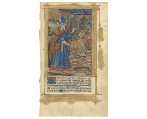 ILLUMINATED MINIATUREKing David, kneeling in armour, handing the letter to Uriah,  illuminated leaf from a Book of Hours, man
