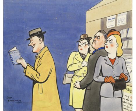 BATEMAN (H.M.)Original artwork for cartoon depicting a man avidly reading a copy of the 'Reader's Digest' whilst two disgrunt