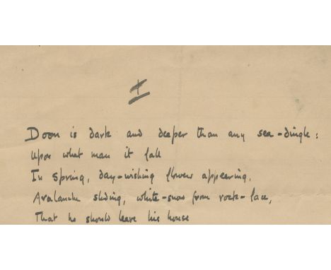 AUDEN (WYSTAN HUGH)Autograph manuscript of his poem 'The Wanderer', headed with the Roman numeral 'I', comprising 29 lines in