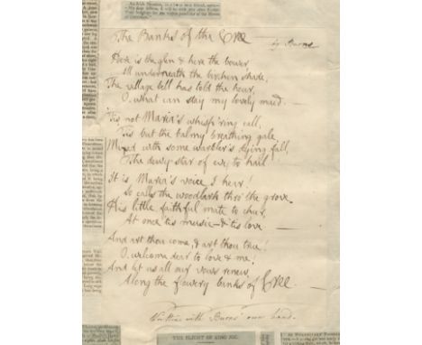 BURNS (ROBERT)Autograph manuscript of his song 'The Banks of the Cree', comprising sixteen lines in four stanzas of four line