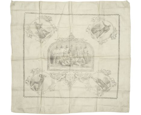 CRICKET'The Australian Cricket Team' of 1878, commemorative handkerchief printed with central group team portrait and 4 corne