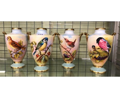 AYNSLEY FINE BONE CHINA OVOID AND GILDED VASES HAND PAINTED WITH BIRDS BY R. BAND