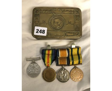 WWI CHRSTMAS ISSUE TIN AND MEDALS, ISSUED TO PTE W. SUTHERLAND OF 14TH LOND R AND A 1939-1945 DEFENCE MEDAL