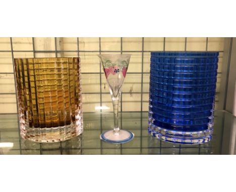 SWEDISH OVAL AMBER AND BLUE GLASS VASES BY LINZHAMMER AND AN ORREFORS MAJA EVA ENGLAND PAINTED GLASS