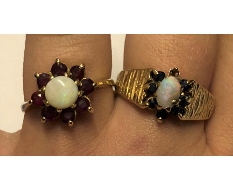 UNMARKED YELLOW METAL RUBY AND OPAL RING SIZE P AND A 9CT GOLD SAPPHIRE AND OPAL CLUSTER RING ONE STONE MISSING SIZE-R 6.3G A