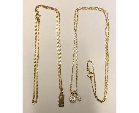 9CT GOLD FLAT LINK CHAIN WITH A 9CT GOLD MOUNTED MARQUISE PENDANT AND 925 CZ PENDANT AND A FLAT CURB LINK 9CT CHAIN WITH A DI