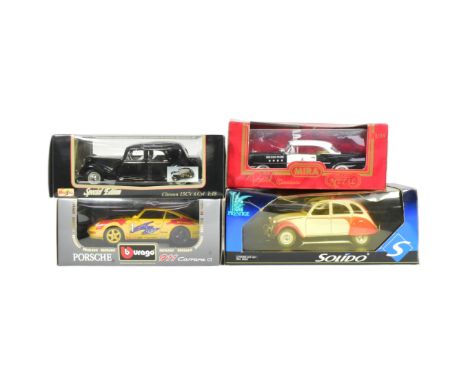 Diecast - a collection of x4 boxed 1/18 scale diecast model cars to include; Maisto Citroen 15CV, Bburago Porsche 911 Carrera