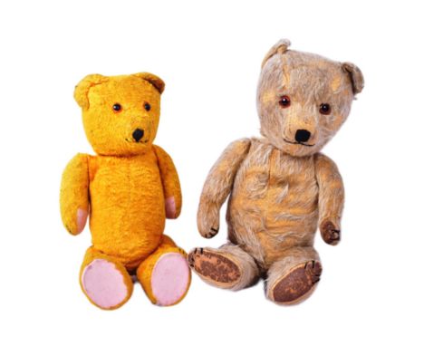 Teddy Bears - x2 vintage believed English ( Chiltern / Chad Valley ) soft toy teddy bears. One a bright golden plush examples