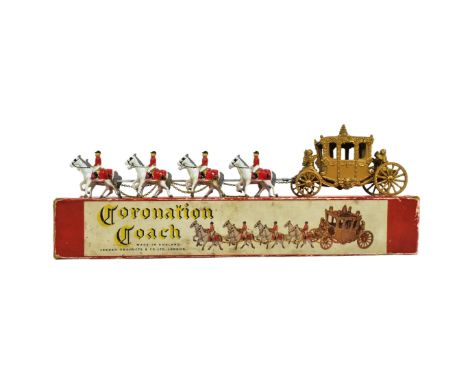 An original vintage Lesney made Queen Elizabeth Coronation Coach. The lead diecast model with eight horses and affixed lead r