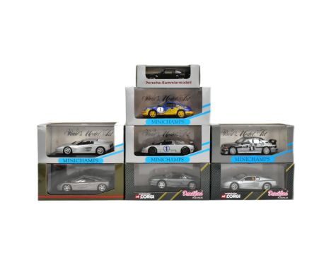 Diecast - a collection of x8 Corgi and Minichamps 1/43 scale precision diecast model cars to include; Bugatti EB 110, Porsche