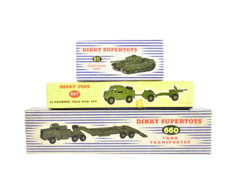 Diecast - a collection of x3 vintage Dinky Toys boxed diecast Military models comprising; 651 Centurion Tank, 697 25-Pounder 