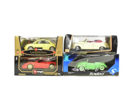 Diecast - a collection of x4 boxed 1/18 scale diecast model cars comprising; Burago Volkswagen Beetle, Ferrari F40, Maisto BM