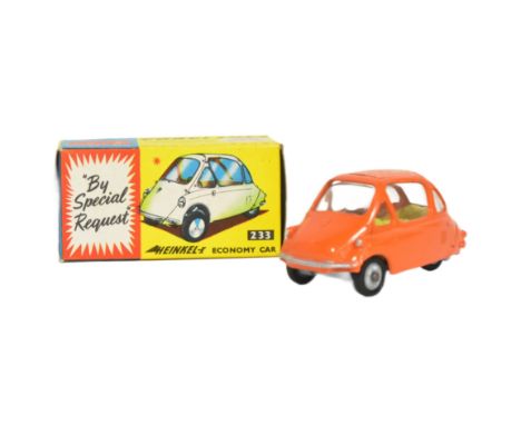 Diecast - an original vintage Corgi Toys boxed diecast model No. 233 Heinkel Economy Car. Orange body with yellow interior. A