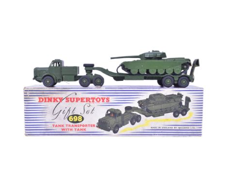 Diecast - an original vintage Dinky Super Toys boxed diecast gift set No. 698 Tank Transporter with Tank. Model appears VG+ w