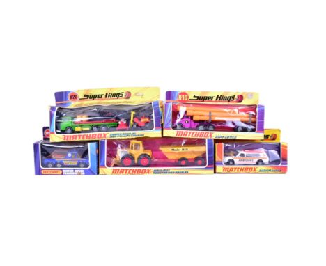 Diecast - a collection of x5 vintage Matchbox ' Super Kings' boxed diecast models to include; K-10 Pipe Truck, K-9 Muir-Hill 