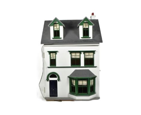 Dolls House - a hand made scratch built 3 storey wooden dolls house with lighting, front opening panel and lifting roof to re