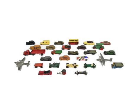 Diecast - a collection of assorted vintage Dinky Toys diecast model cars, buses and aeroplanes. Examples to include; Austin T