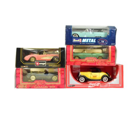 Diecast - a collection of 1/18 scale diecast model cars to include; Mira Corvette, Burago Chevrolet, Revel Ford Thunderbird a