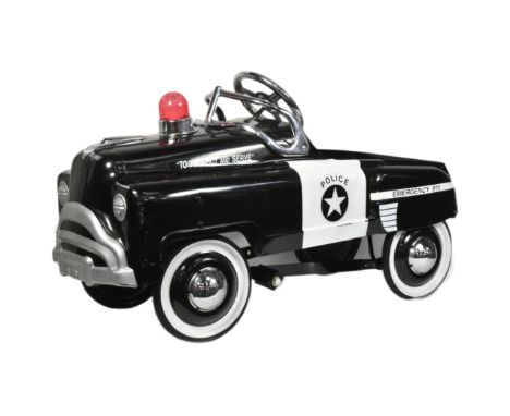 Tinplate Toys - UK Pedal Car Company - a tinplate Police Patrol pedal car with flashing red light, chrome-trimmed windshield,