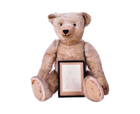 Teddy Bear - a large early 20th century German (likely Steiff ) made teddy bear. Pale golden mohair, with boot button eyes, p