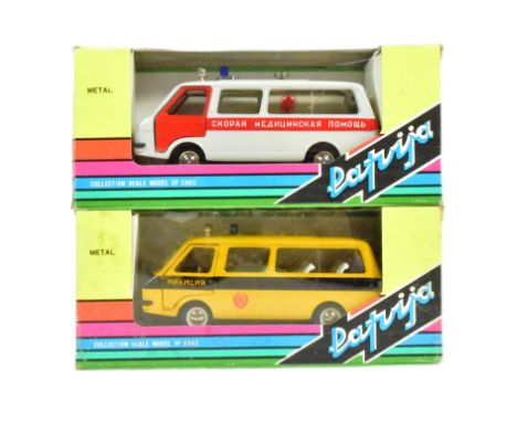 Diecast - x2 vintage 1970s Soviet Russian 1/43 scale diecast models comprising a yellow Police Van and an Ambulance. Models a