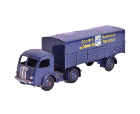 French Dinky Toys - a vintage French made Dinky Toys model No. 32AB Panhard Tractor. Blue cab with trailer and yellow SNCF Ra