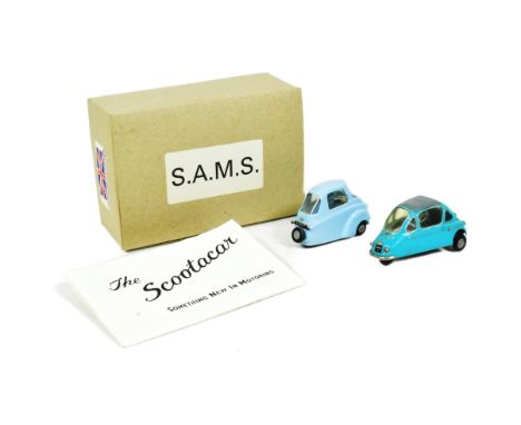 Diecast - x2 hand made scratch built white metal cars by makers SAMS Model Cars comprising a light blue Scootacar MK1 and a t