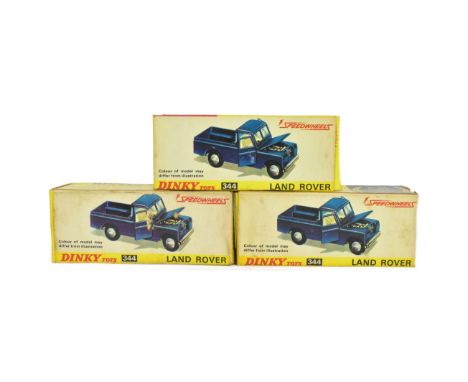 Diecast - x3 original vintage Corgi Toys boxed diecast model Land Rovers No. 344. All blue examples with white trailer interi