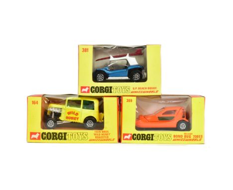 Diecast - x3 original vintage Corgi Toys ' Whizzwheels ' boxed diecast models comprising; 381 G.P Beach Buggy, 389 Reliant Bo