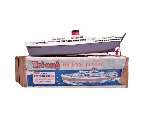 Clockwork Toys - an original vintage Triang made clockwork plastic model of the ocean liner RMS Pretoria Castle. Retaining or