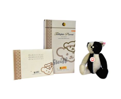 Teddy Bear - an original German Steiff made soft toy teddy bear 037511 Pierrot. Black and white alpaca wool with felt padded 