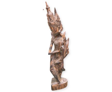 Thai Finely Carved Hardwood Figure of a Deity 60cmHeight 60 cm x Width 14 cmQty: 1Small repair to the top, otherwise good