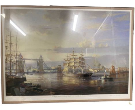 Departure of the Cutty Sark from Tower Bridge, London c1895. S.Francis Smitheman. Signed Print. 20th Century. 56 x 38cm56 x 3