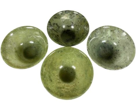 Set of 4 Oriental Chinese Spinach Jade Bowls 10cmDiameter 10cmQty: 4One bowl has a possible repair and small crack, otherwise