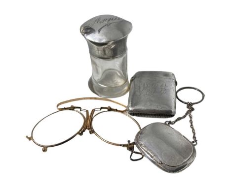 Mixed Silver Lot: Compact, Vesta, Dressing jar and gilt metal folding glasses. 47 g weighable silver and various dates and ma