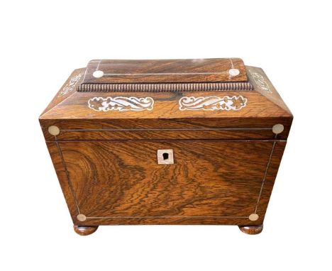 Small Mother of Pearl Inlaid Casket Tea Caddy. 2 removable lids with evidence of original foiled lining. Raised on 4 small bu