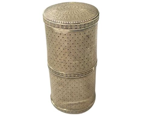19th Century French Silver Engine Turned Canister 7.5cmHeight 7.5 cm x Diameter 3.5 cmQty: 1Several small dents