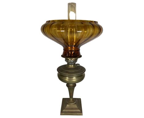 Complete Late Victorian Oil Lamp with Brown Glass Shade 52cm. Complete with chimney, cap, knobs, wick and outer shadeHeight t