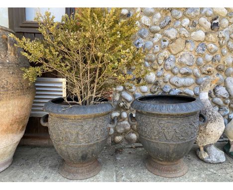 Large Vintage Pair Cast Iron 2 Handled Urn Garden Planters 52cmHeight 52 cms, diameter across the top 47 cmsNo issues