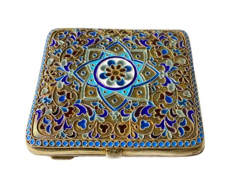 Russian Silver Gilt Plique-à-jour &amp; Cloisonne Enamel Cigarette Case 176g c1900. 84 mark only, no apparent makers markLeng