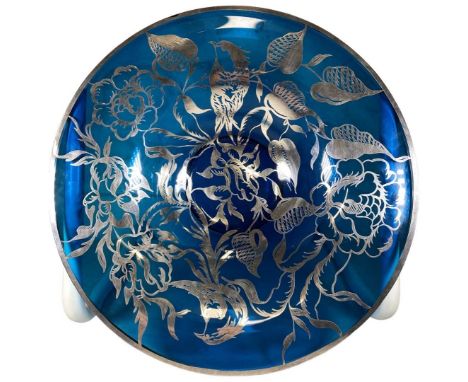 Large Early 20th Century Silver Overlay Blue Art Glass Fruit Bowl 37.5cm, Probably American circa 1910, with applied silver o