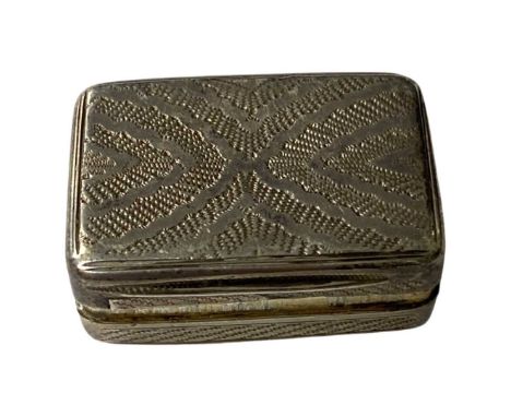 Georgian Silver Vinaigrette. London 1818, William Eaton. Length 3.0 cm. Engine turned decoration, hinged lid, gilt interior, 