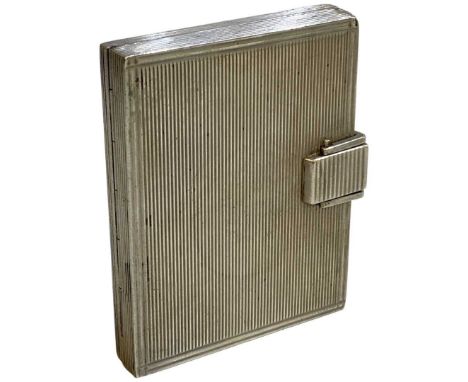 Modern Briefcase Form Italian Silver Compact 155g. Banded decoration, interior mirror compact and pill box. Fully hallmarkedL