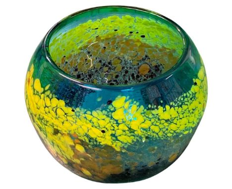 Vintage Handmade Murano Glass Bowl 20 x 22 cm. Blue with yellow orange &amp; purple decoration. Base filed smooth. Approx 3.3