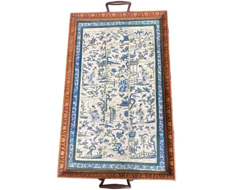 An Oak Framed Glass Topped Tray with Brass Handles and Oriental Print under tray glassLength across handles 60 cms