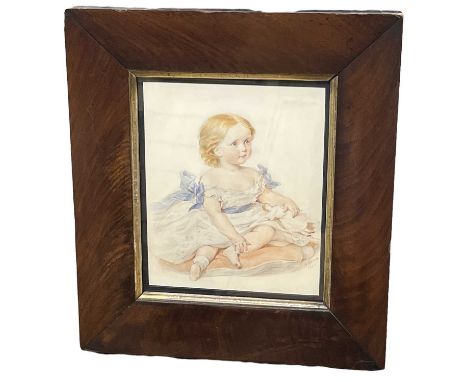 A S Hardy (British, 19th Century) Portrait of a very small blonde girl in a lace dress with blue ribbons, holding a dollsigne