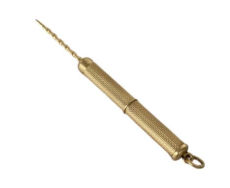 9ct Gold Propelling Toothpick 5.6g. Birmingham 1992, S J Rose. Engine turned decoration, suspension loopLength 7.5cmQty: 1Min